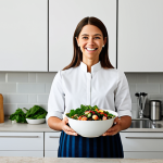 A smiling person, fully clothed in modest, professional attire, stands in a clean, modern kitchen, holding a beautifully assembled one-bowl meal. On the counter, a few neatly stacked containers of prepped ingredients are visible, emphasizing efficiency and minimal mess. The scene conveys a sense of calm and organization after a long day, with only a single bowl and a few utensils visible. Perfect anatomy, correct proportions, natural pose, well-formed hands, proper finger count. Professional photography, high quality, studio lighting, safe for work, appropriate content, family-friendly.