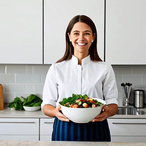 Home 11 A smiling person, fully clothed in modest, professional attire, stands in a clean, modern kitchen, holding a beautifully assembled one-bowl meal. On the counter, a few neatly stacked containers of prepped ingredients are visible, emphasizing efficiency and minimal mess. The scene conveys a sense of calm and organization after a long day, with only a single bowl and a few utensils visible. Perfect anatomy, correct proportions, natural pose, well-formed hands, proper finger count. Professional photography, high quality, studio lighting, safe for work, appropriate content, family-friendly.