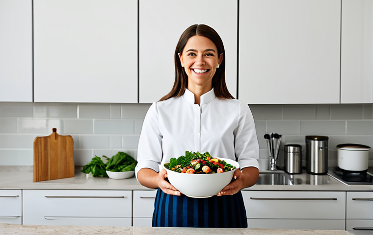 A smiling person, fully clothed in modest, professional attire, stands in a clean, modern kitchen, holding a beautifully assembled one-bowl meal. On the counter, a few neatly stacked containers of prepped ingredients are visible, emphasizing efficiency and minimal mess. The scene conveys a sense of calm and organization after a long day, with only a single bowl and a few utensils visible. Perfect anatomy, correct proportions, natural pose, well-formed hands, proper finger count. Professional photography, high quality, studio lighting, safe for work, appropriate content, family-friendly.