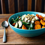 **

"A vibrant and healthy veggie bowl on a rustic wooden table, filled with quinoa, roasted sweet potatoes, grilled zucchini, fresh spinach, cherry tomatoes, and crumbled feta cheese. Topped with sunflower seeds and a lemon-herb vinaigrette. Food photography, natural light, appetizing, safe for work, appropriate content, fully clothed, professional."

**
