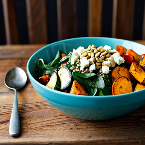 Home 6 **
"A vibrant and healthy veggie bowl on a rustic wooden table, filled with quinoa, roasted sweet potatoes, grilled zucchini, fresh spinach, cherry tomatoes, and crumbled feta cheese. Topped with sunflower seeds and a lemon-herb vinaigrette. Food photography, natural light, appetizing, safe for work, appropriate content, fully clothed, professional."
**