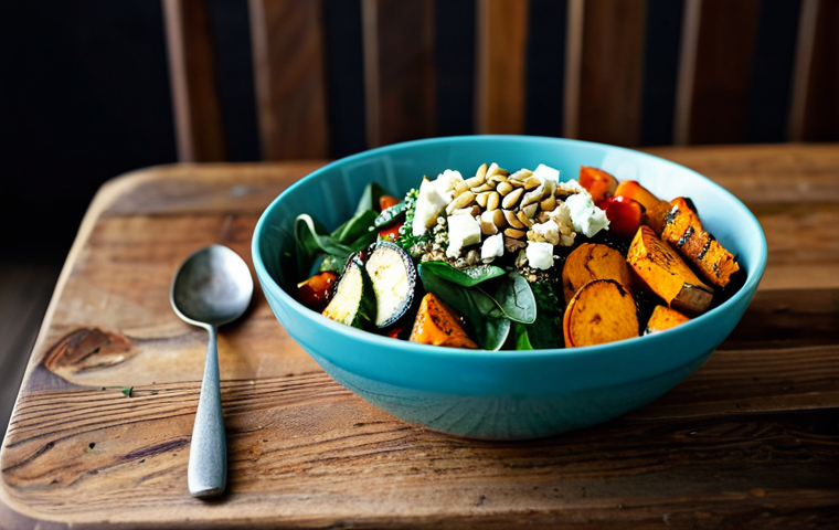 **
"A vibrant and healthy veggie bowl on a rustic wooden table, filled with quinoa, roasted sweet potatoes, grilled zucchini, fresh spinach, cherry tomatoes, and crumbled feta cheese. Topped with sunflower seeds and a lemon-herb vinaigrette. Food photography, natural light, appetizing, safe for work, appropriate content, fully clothed, professional."
**