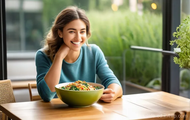 채소 중심 한 그릇 식사로 뷰티 효과 누리기 - **Strong Hair & Nails with a Healthy Meal Prep:** A person (gender-neutral, perhaps a young woman in...