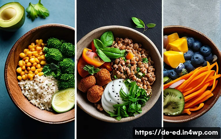 비건을 위한 채소 중심 한 그릇 식사 아이디어 - Here are three detailed image prompts in English, inspired by the provided text about vegan bowls, a...