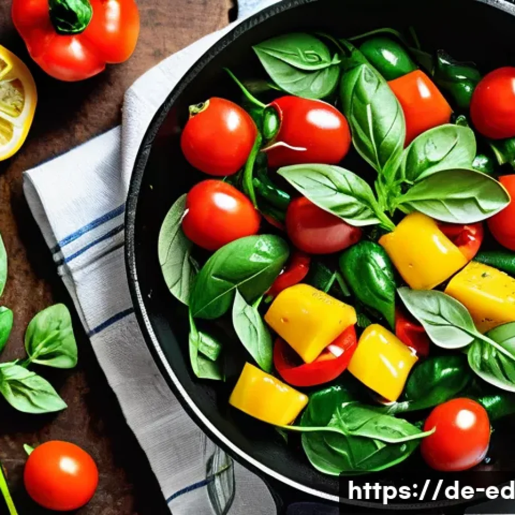 한 그릇 식사의 인기 메뉴 만들기 - A vibrant one-pan meal showcasing a colorful medley of saut&eacute;ed vegetables including red and yellow b...