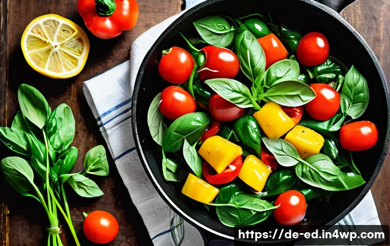 한 그릇 식사의 인기 메뉴 만들기 - A vibrant one-pan meal showcasing a colorful medley of sautéed vegetables including red and yellow b...