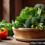 채소 중심 한 그릇 식사 영양 정보 - A vibrant, close-up still life of fresh German seasonal vegetables arranged on a rustic wooden table...