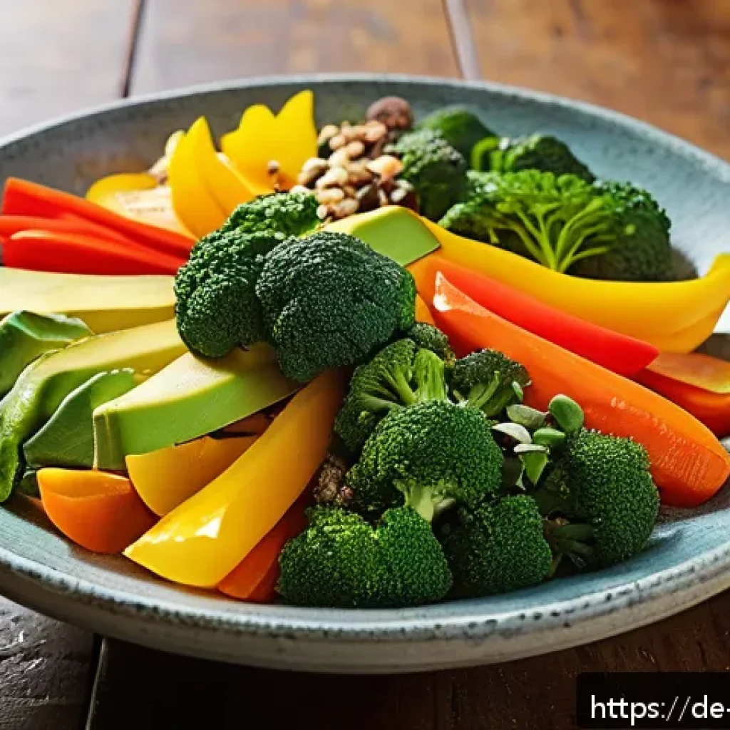 채소 중심 한 그릇 식사로 면역력 높이기 - A vibrant, colorful vegetable bowl featuring fresh red, yellow, and green vegetables like bell peppe...