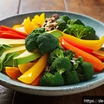 채소 중심 한 그릇 식사로 면역력 높이기 - A vibrant, colorful vegetable bowl featuring fresh red, yellow, and green vegetables like bell peppe...