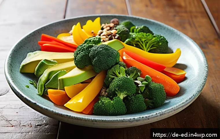 채소 중심 한 그릇 식사로 면역력 높이기 - A vibrant, colorful vegetable bowl featuring fresh red, yellow, and green vegetables like bell peppe...