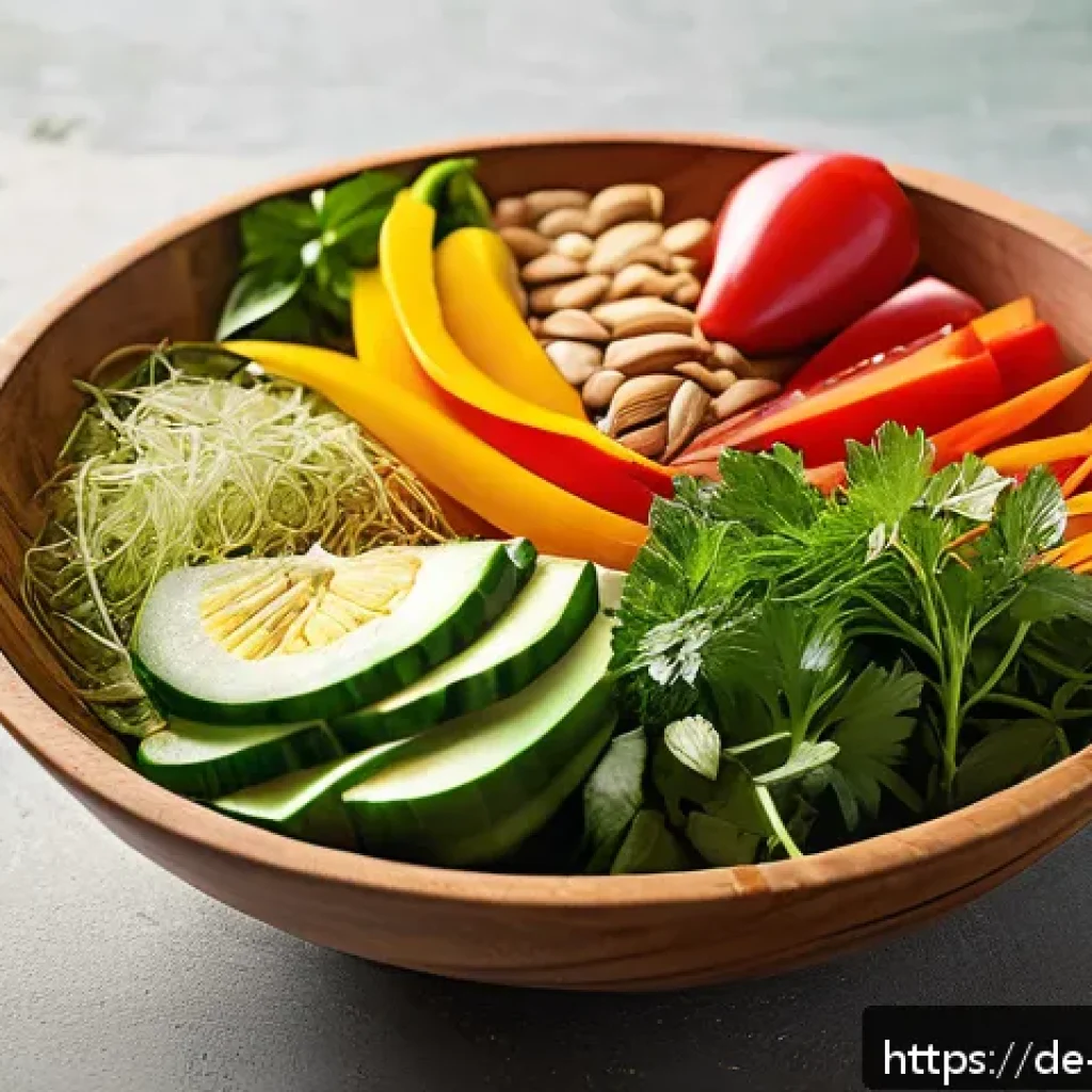 일주일 내내 즐기는 채소 중심 한 그릇 식사 레시피 - A vibrant, fresh vegetable bowl featuring finely sliced cucumbers, carrots, radishes, and colorful b...