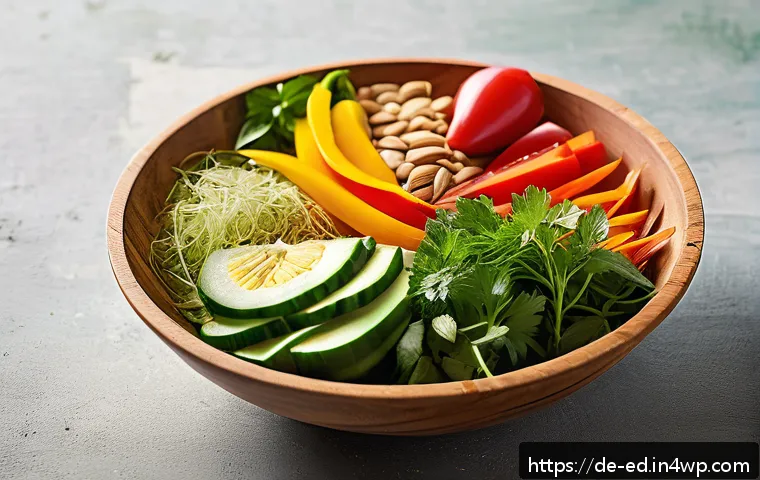 일주일 내내 즐기는 채소 중심 한 그릇 식사 레시피 - A vibrant, fresh vegetable bowl featuring finely sliced cucumbers, carrots, radishes, and colorful b...